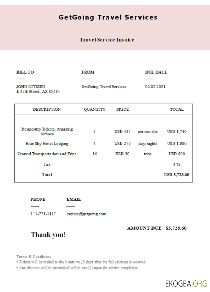 Facture GetGoing Travel Services aux États , Unis